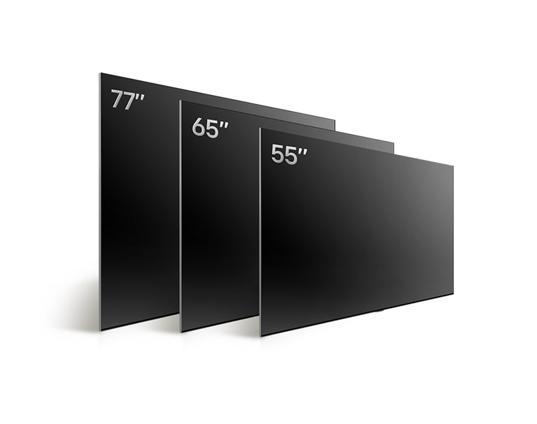 Porównanie różnych rozmiarów LG OLED TV, OLED B4: OLED B4 55", OLED B4 65" i OLED B4 77".