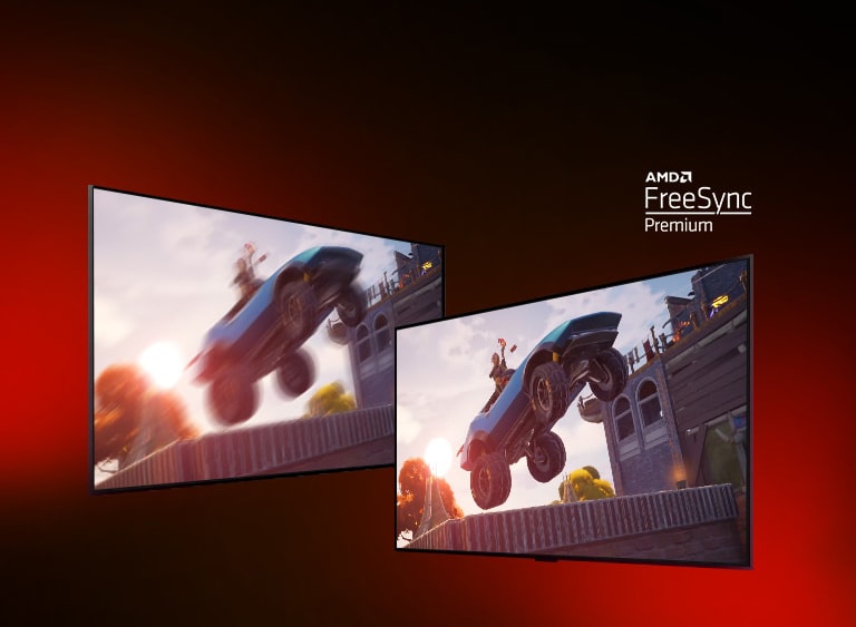 Widać dwa telewizory – ekran po lewej przedstawia grę FORTNITE, a po prawej – scenę z gry wyścigowej. Ponadto po prawej stronie jest ukazana ta sama scena z gry, ale z jaśniejszym i wyraźniejszym obrazem. W prawym górnym rogu znajduje się logo AMD FreeSync premium.