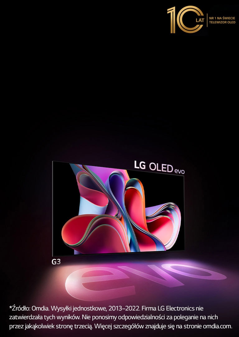 LG OLED G3 evo jasno świeci w ciemnym pomieszczeniu. W prawym górny rogu znajduje się logo na cześć 10. rocznicy OLED.