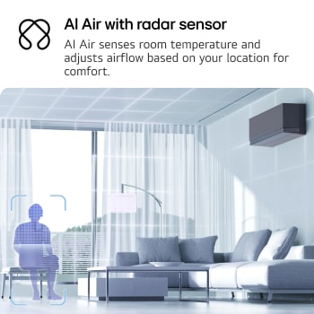 Ilustracja technologii LG AI Air w salonie z klimatyzatorem naściennym. System dostosowuje przepływ powietrza, wykrywając temperaturę w pomieszczeniu i lokalizację użytkownika. Towarzyszący tekst brzmi następująco: 'AI Air z czujnikiem radarowym: AI Air wykrywa temperaturę w pomieszczeniu i dostosowuje przepływ powietrza w oparciu o lokalizację użytkownika, zapewniając komfort”.