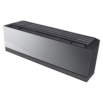 Widok klimatyzatora LG ARTCOOL AI Mirror Soft Air z góry pod kątem z widocznym panelem górnym i kratką.