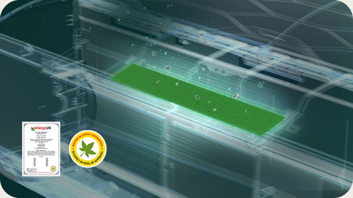 Klimatyzator wyposażony w filtr antyalergiczny wychwytujący cząsteczki, z certyfikatem i znakiem Allergy UK.