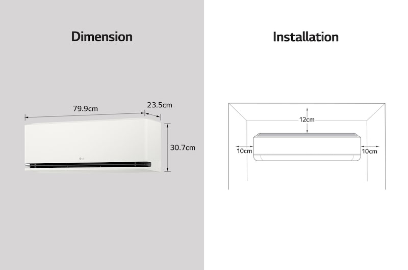 Obraz przedstawiający wymiary klimatyzatora LG i wskazówki dotyczące instalacji. Wymiary: 89,5 cm szerokości, 23,5 cm głębokości i 30,7 cm wysokości. Instalacja: Wymaga 10 cm wolnej przestrzeni po obu stronach i 12 cm powyżej.