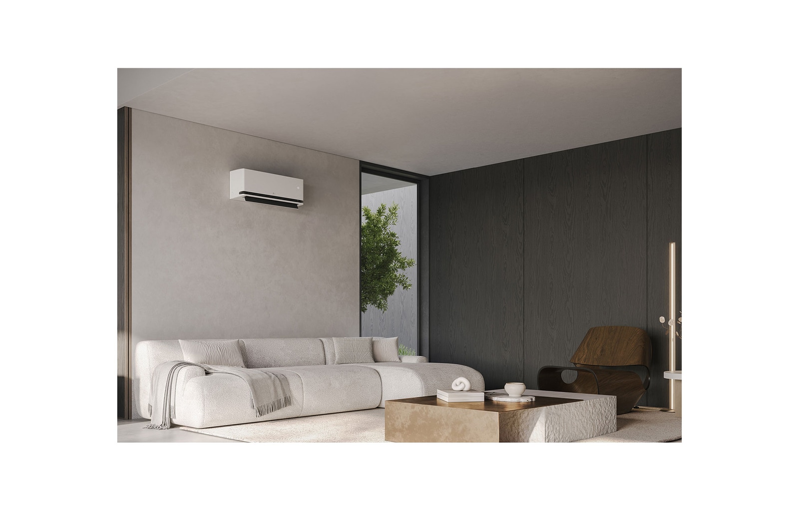 Nowoczesny salon z klimatyzatorem LG na ścianie