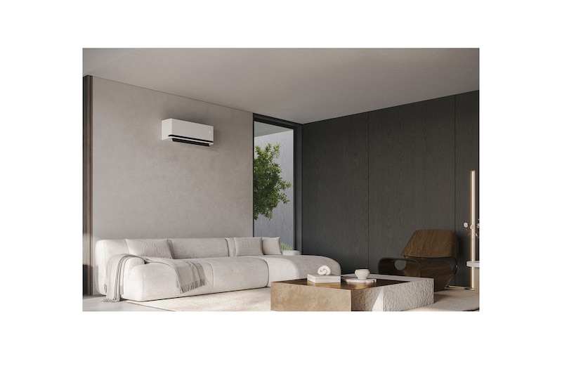 Nowoczesny salon z klimatyzatorem LG na ścianie