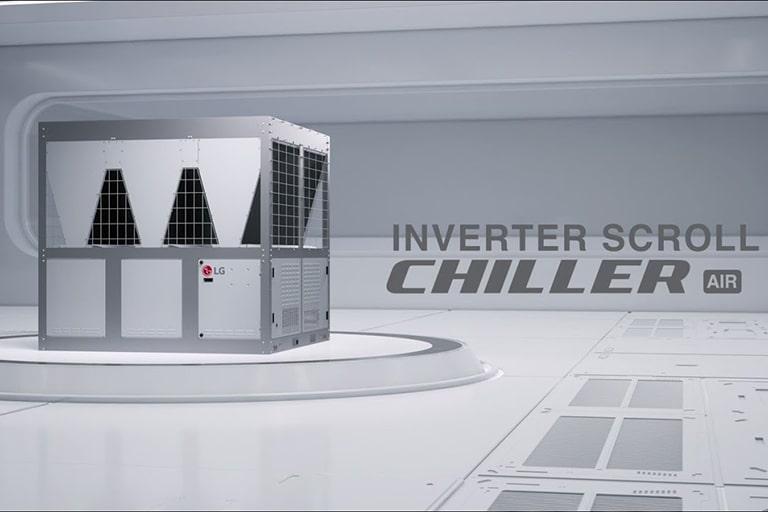 Agregat LG Inverter Scroll Chiller AIR zaprezentowany w nowoczesnym, futurystycznym otoczeniu