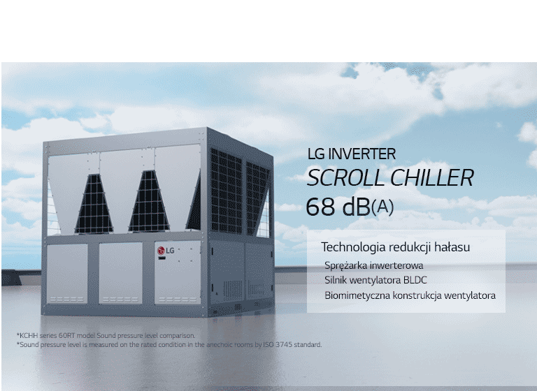 LG Inverter Scroll Chiller znajduje się na dachu budynku.	