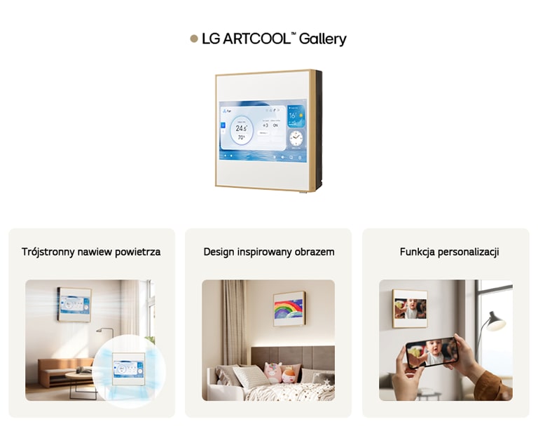 Klimatyzator LG ARTCOOL Gallery z trójstronnym nawiewem, stylową obudową i funkcją personalizacji obrazu.