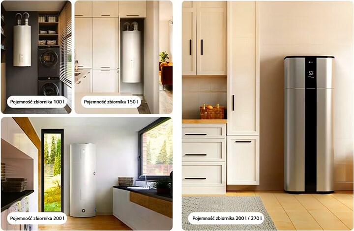 Pompy ciepła LG do podgrzewania wody w zastosowaniach domowych, dostępne w czterech rozmiarach: 100 l, 150 l, 200 l oraz hybrydowy 200/270 l.