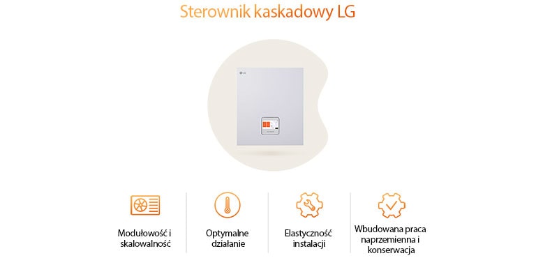 Infografika LG podkreśla modułowość sterownika kaskadowego, elastyczność instalacji i optymalność obsługi systemu.