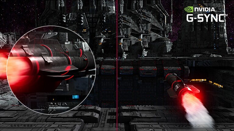 Obracający się pocisk leci w stronę celów z wielką prędkością w grze FPS. Ruch obrotowy pocisku jest uchwycony w powiększeniu. W jednej scenie jest płynny dzięki włączonemu trybowi G-sync, co można porównać z drugą sceną z wyłączonym trybem G-sync.