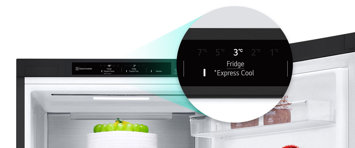 Przybliżenie na przycisk ekspresowego chłodzenia znajdujący się w górnej części lodówki.