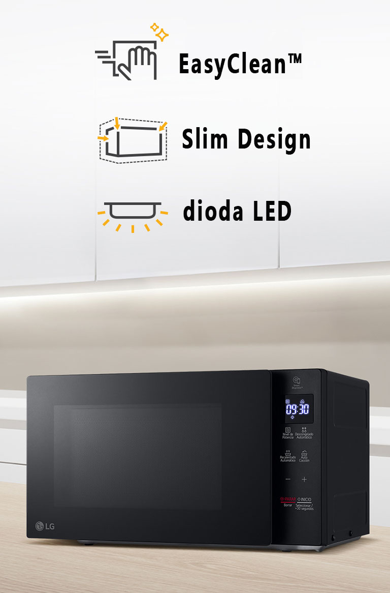 Kuchenka mikrofalowa w kuchni i ikony reprezentujące trzy kluczowe funkcje.