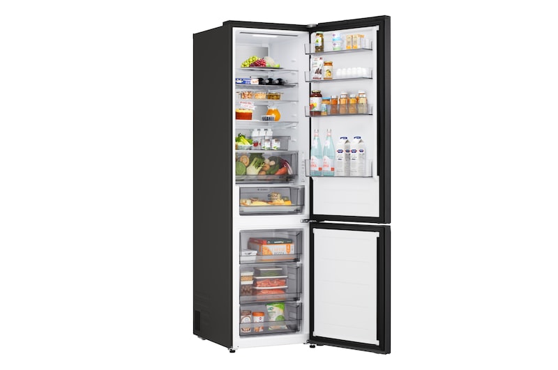 Widok z tyłu na lodówkę z dolną zamrażarką LG (GBBSJ20EPY), przedstawiający tylny panel