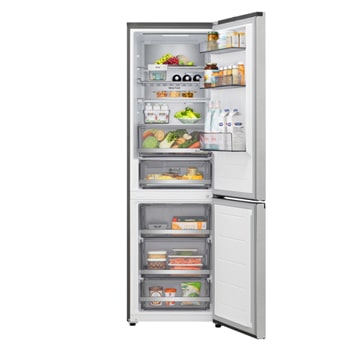 Widok lodówki z dolną zamrażarką LG (GBBS726CEV) z w pełni otwartymi drzwiami, przedstawiający komory lodówki i zamrażarki