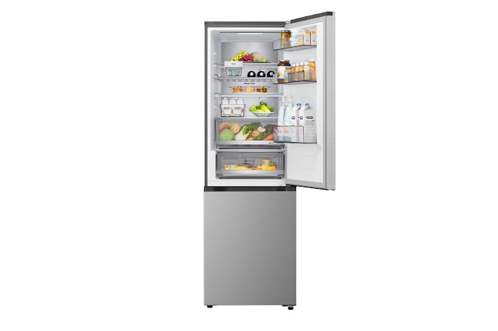 Widok z góry na lodówkę z zamrażarką LG (GBBS726CEV), z matową czarną lodówką po lewej stronie i ścianą zabudowy meblowej po prawej