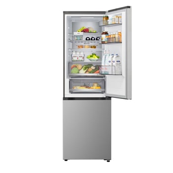 Widok z góry na lodówkę z zamrażarką LG (GBBS726CEV), z matową czarną lodówką po lewej stronie i ścianą zabudowy meblowej po prawej