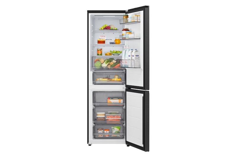 Widok lodówki z dolną zamrażarką LG (gbbsj11dep) z w pełni otwartymi drzwiami, przedstawiający komory lodówki i zamrażarki