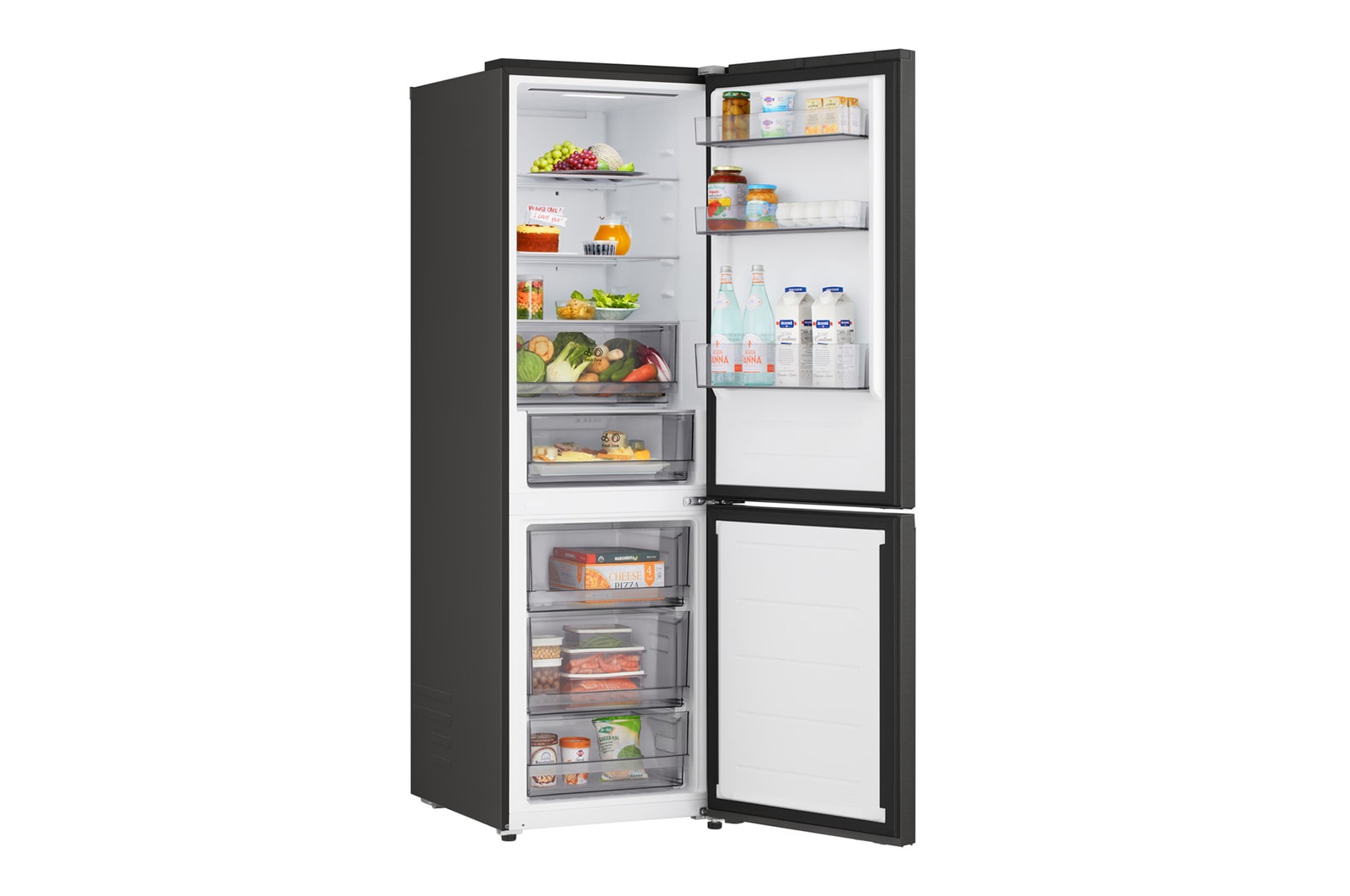 Lodówka z dolną zamrażarką LG (gbbsj11dep) w przestrzeni mieszkalnej z widokiem na miasto nocą; na zdjęcie nałożono grafikę przedstawiającą tryb oszczędzania energii AI oraz wykres zmiennego zużycia energii