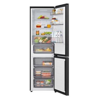 Widok lodówki z dolną zamrażarką LG (gbbsj11dep) z w pełni otwartymi drzwiami, przedstawiający komory lodówki i zamrażarki