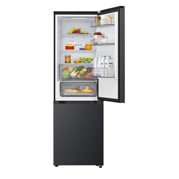 Widok z góry na lodówkę z zamrażarką LG (gbbsj11dep), z matową czarną lodówką po lewej stronie i ścianą zabudowy meblowej po prawej