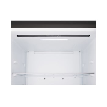 Lodówka z dolną zamrażarką LG (gbbsj11dep) zabudowana równo w wysokiej ścianie w ciepłym, beżowym kolorze, z białymi strzałkami skierowanymi na górną i przednią powierzchnię