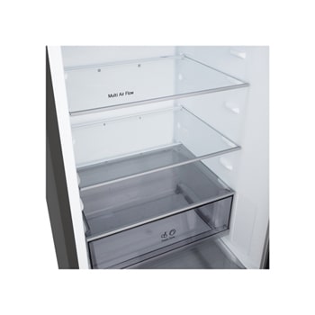 Zbliżenie na półkę na wino w lodówce z zamrażarką LG (gbbsj11dep), na której znajdują się cztery butelki wina oraz pudełko makaroników; w okrągłym powiększeniu pokazano szczegóły konstrukcji tej półki