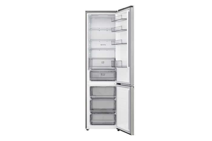 LG bottom freezer (GBBSJ2CCPY) full door open view showing fridge and freezer compartments