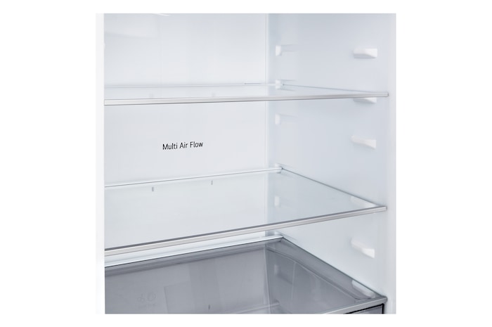 LG fridge freezer (GBBSJ2CCPY) shelf highlighted in blue with arrows up and down right image shows folded shelf holding two water bottles