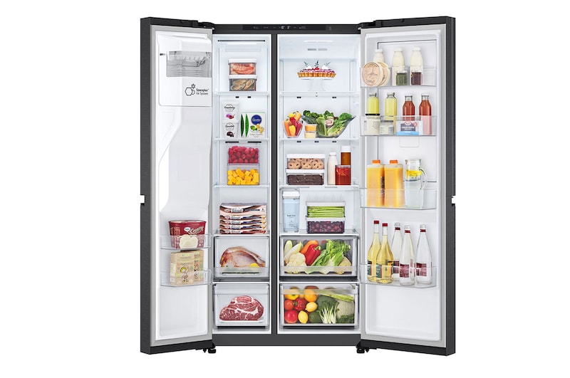 oba drzwi lodówki otwarte z przodu, w której przechowywana jest żywność