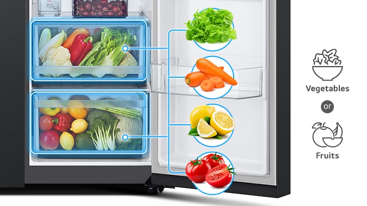 I due cassetti del frigo possono contenere generalmente 2 tipi di alimenti, frutta e verdura.