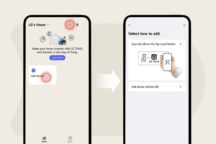 Ekrany telefonów przedstawiające LG ThinQ oraz opcje dodawania urządzenia (za pomocą kodu QR lub ręcznie)	