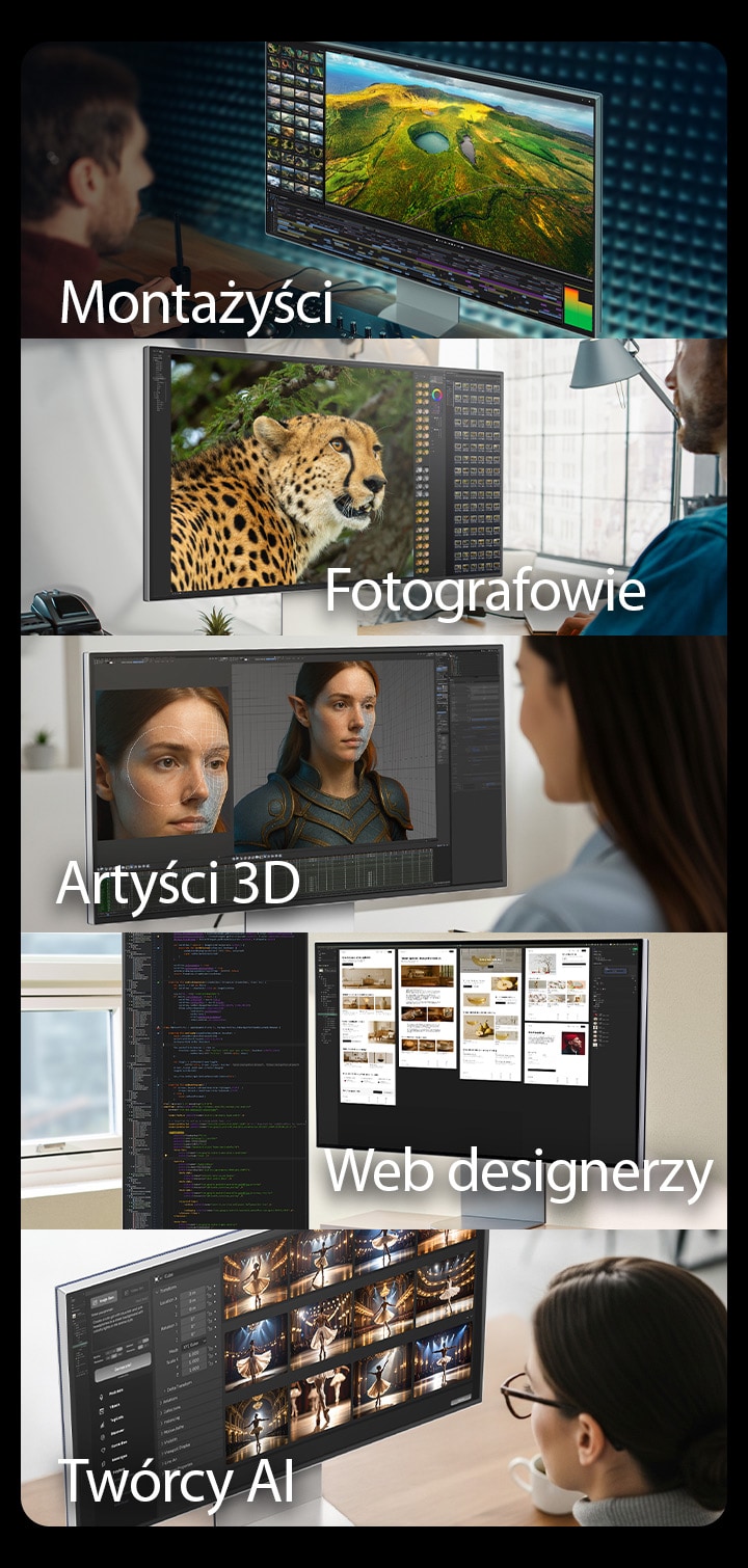 5 zdjęć przedstawiających różnych twórców pracujących na monitorach UltraFine przy użyciu różnych narzędzi.