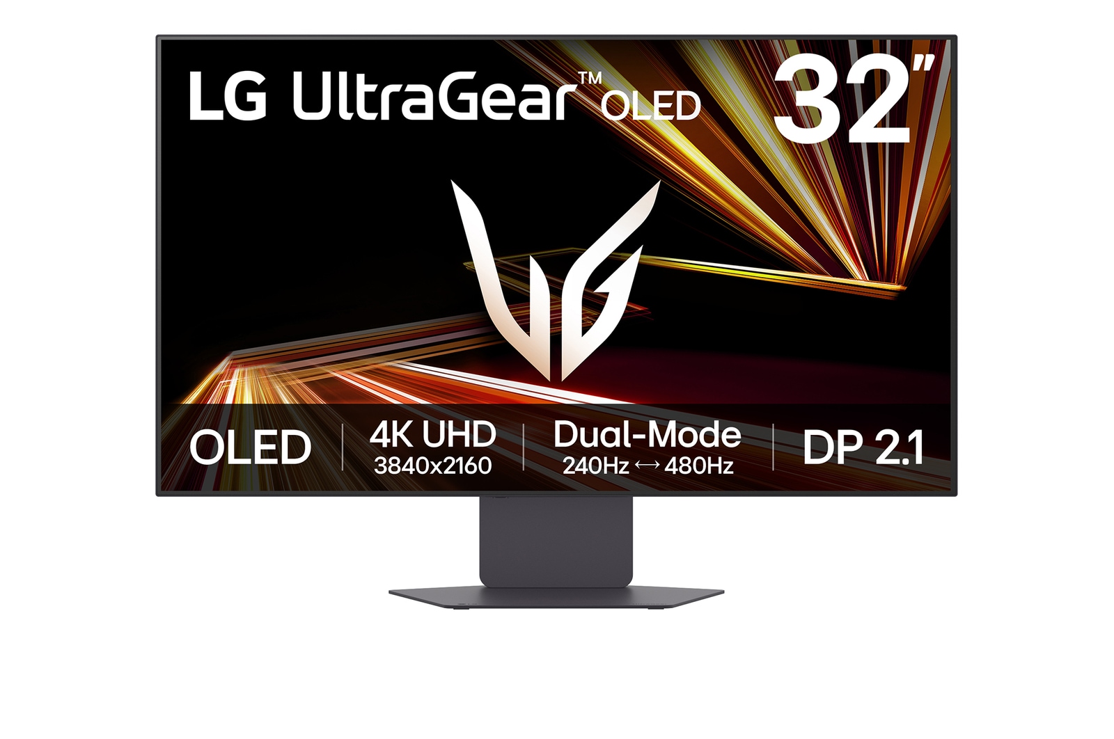 Front view of LG UltraGear™ GX8 32-calowy monitor gamingowy OLED 4K UHD 240Hz │ 32GX870A z trybem Dual-Mode, pokryciem barw DCI-P3 98,5% (typ.), VESA DisplayHDR™ True Black 400, czasem reakcji 0,03 ms (GtG) i złączem DP 2.1 32GX870A-B