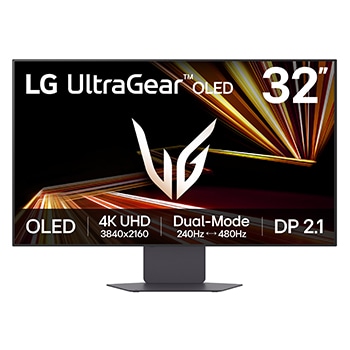 Front view of LG UltraGear™ GX8 32-calowy monitor gamingowy OLED 4K UHD 240Hz │ 32GX870A z trybem Dual-Mode, pokryciem barw DCI-P3 98,5% (typ.), VESA DisplayHDR™ True Black 400, czasem reakcji 0,03 ms (GtG) i złączem DP 2.1 32GX870A-B
