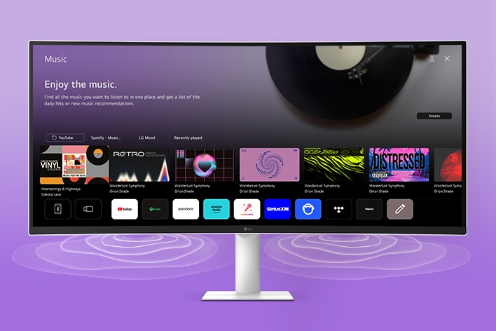 Ekran monitora LG Smart Monitor wyświetla interfejs aplikacji muzycznych.