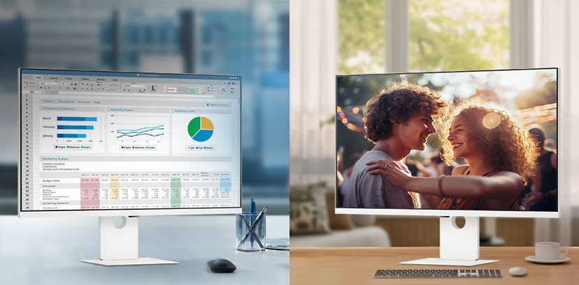 Zdjęcie przedstawiające inteligentne monitory LG w biurze i domu.	