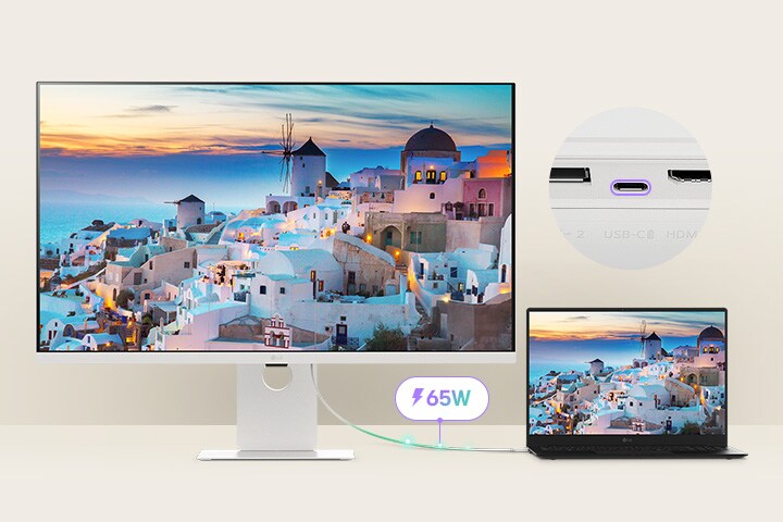 Laptop jest podłączony do monitora LG Smart Monitor przez złącze USB-C. Urządzenie ładuje się przez USB-C, jednocześnie wyświetlając ten sam ekran.