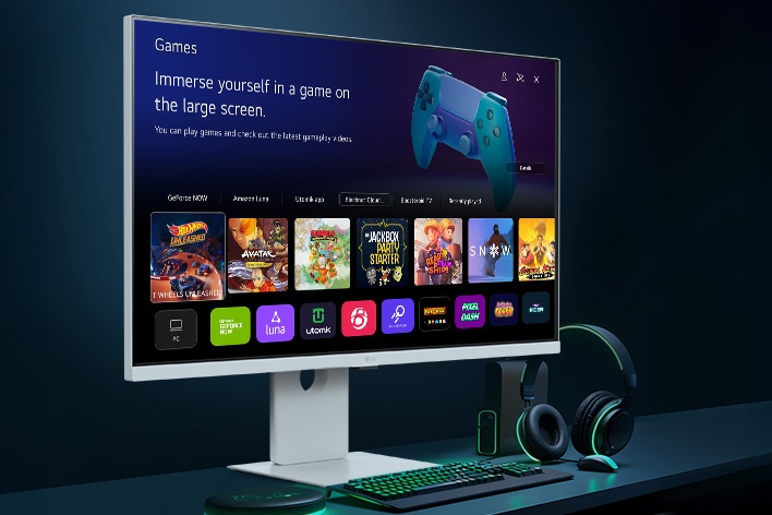 Ekran LG Smart Monitor Swing wyświetla interfejs aplikacji do gier.