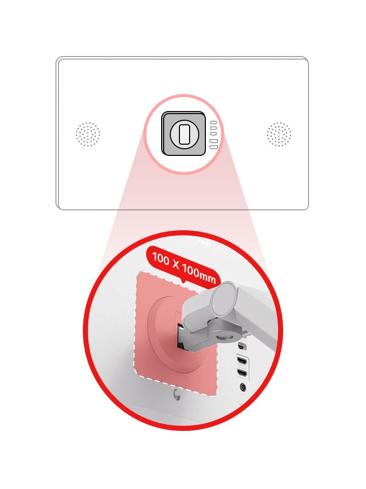 Zdjęcie przedstawia schemat mocowania VESA 100×100 mm z powiększonymi szczegółami.	