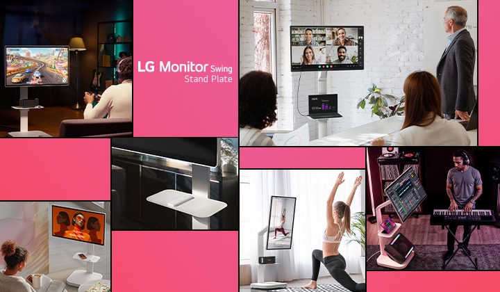Kolaż monitora LG Smart Monitor Swing ze stojakiem Swing Stand i nakładką Swing Stand Plate w różnych scenach, takich jak gry, produkcja muzyki, joga, spotkania i przeglądanie treści, z niezbędnymi elementami, takimi jak piloty, głośniki i laptopy umieszczone na nakładce.