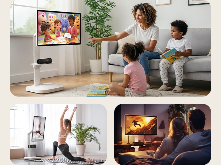 Różne sceny lifestylowe z wykorzystaniem Smart Monitor LG Swing ze stojakiem Swing Stand i nakładką Swing Stand Plate, w tym matka i córka oglądające animację z XBOOM Grab, kobieta uprawiająca jogę z XBOOM Bounce oraz para oglądająca film z XBOOM Bounce zapewniającym wciągający dźwięk.	