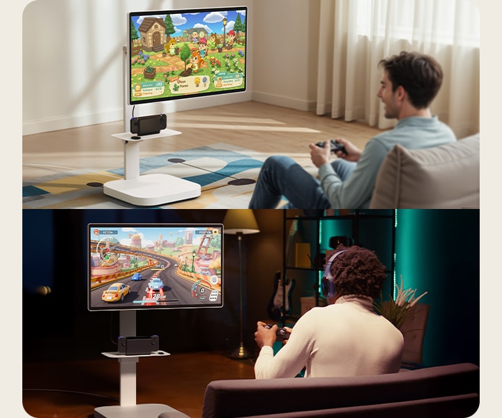 Dwa setupy do gier z monitorem LG Smart Monitor Swing ze stojakiem Swing Stand i nakładką Swing Stand Plate, gdzie konsola do gier jest umieszczona na nakładce, a użytkownicy mogą cieszyć się wyścigami i strzelankami kosmicznymi w zaciszu własnego salonu.