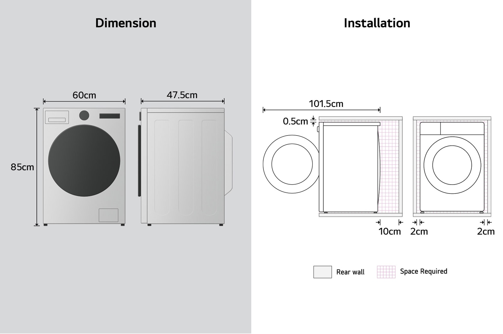 An image for dimension and installation of LG front load washing machine