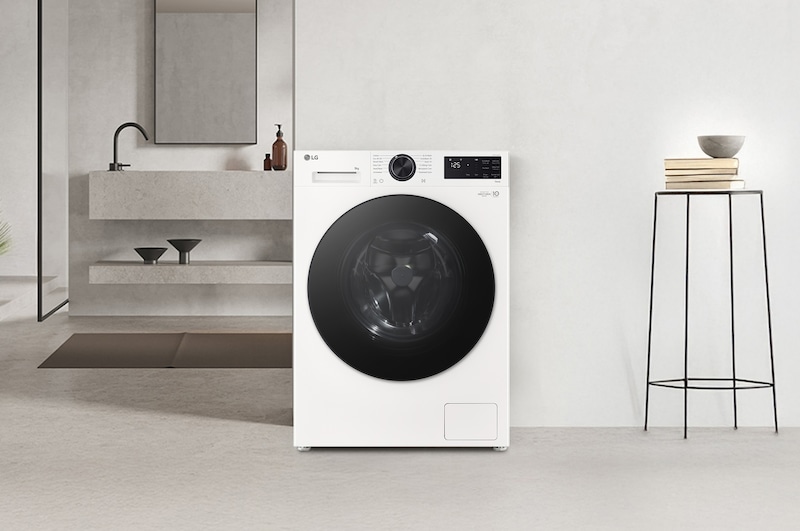 Interior shot featuring LG front load washing machine