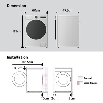 An image for dimension and installation of LG front load washing machine