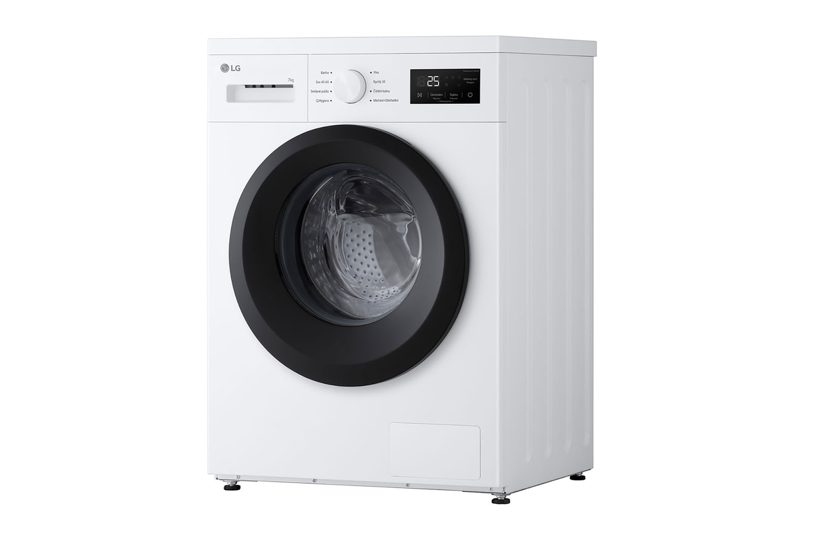 Obrázek usměvavé ženy, která drží bílý ručník a klečí před pračkou v obývacím pokoji. Text: „Pre Wash": text: ‚Pre Wash‘: Předpírka se postará o hluboko usazené nečistoty a zanechá vaše oblečení osvěžující čistotu.