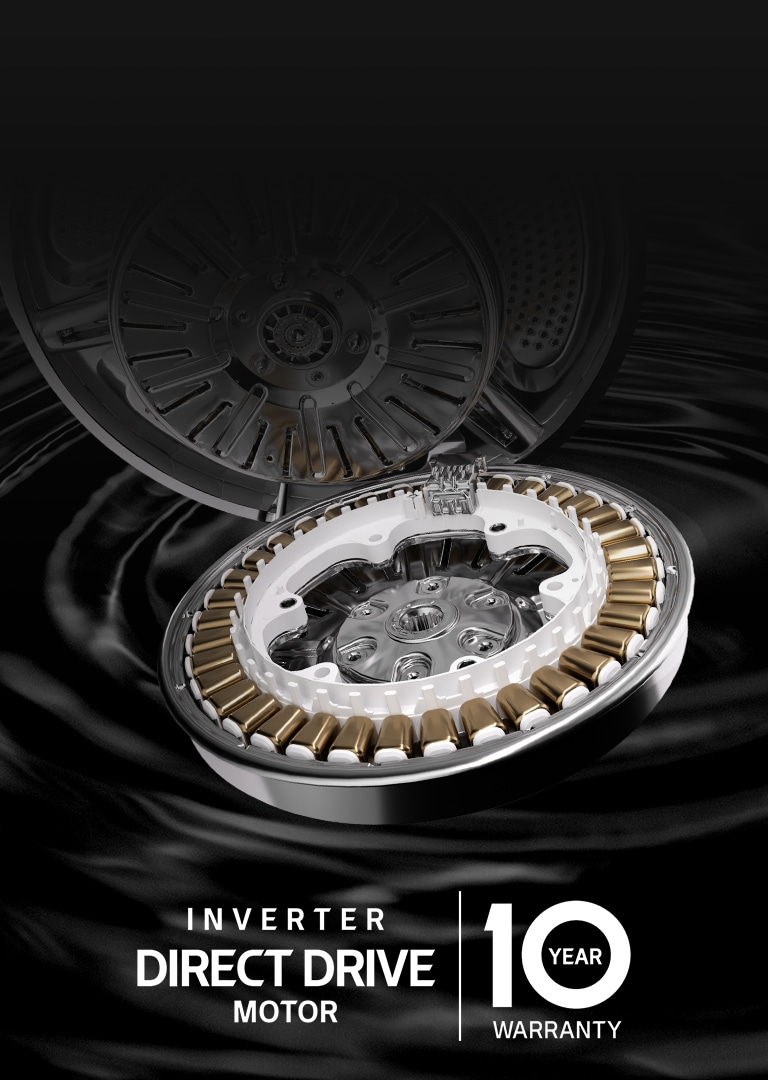 Obraz przedstawia silnik pralki i logo na czarnym, falującym tle