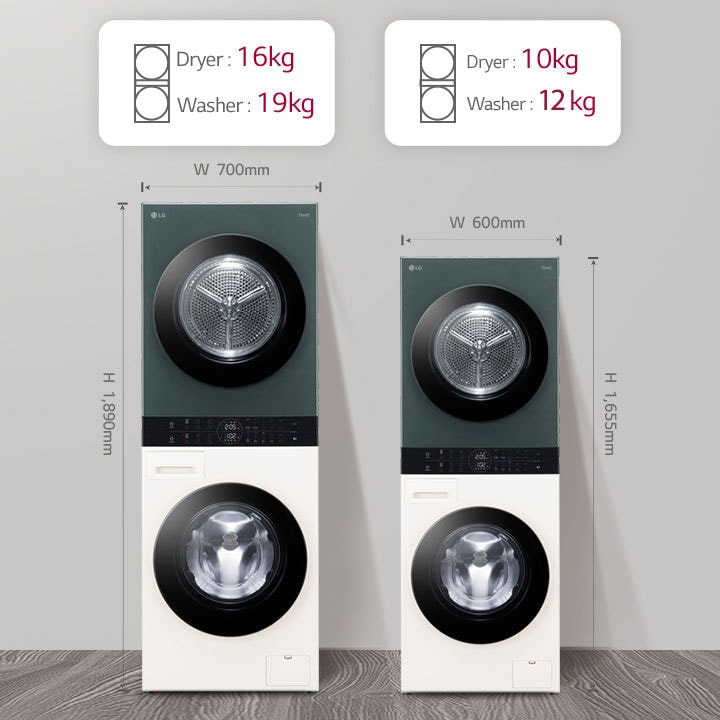 Wash Tower z przodu Produkt nr 1 można suszyć 1,6 kg Pranie 1,9 kg, Produkt nr 2 można suszyć 1,0 kg Pranie 1,3 kg