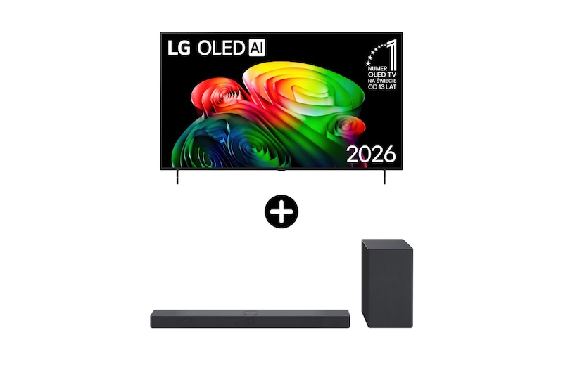 Front view of Zestaw telewizor i soundbar I 55-calowy LG OLED AI B6 4K Smart TV 2026 + LG Soundbar SC9S OLED55B65LA.SC9S001